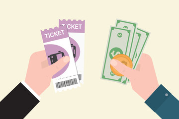 Buying a bus ticket. Hands with money and tickets. Buyer or seller. Go through purchase of pass. Financial transfer. Payment for customer order. Cash payment