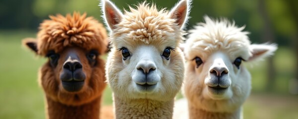 Obraz premium Three alpacas pose close up. They look directly at camera with soft fur and gentle eyes. Natural green background blurs focus onto these cute farm animals.