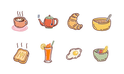 Breakfast doodle icon set with coffee, tea, croissant, toast, cereal bowl, juice, egg, and fruit bowl