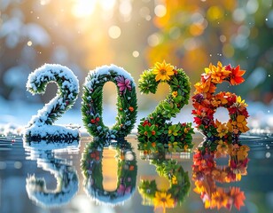 Nowy Rok 2026 utworzony z roślin symbolizujących cztery pory roku zimę, wiosnę, lato i jesień. Kolorowy napis Nowy Rok. Karta rozpoczynająca kalendarz. Szczęśliwego Nowego Roku.  © Anita