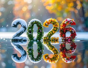 Nowy Rok 2026 utworzony z roślin symbolizujących cztery pory roku zimę, wiosnę, lato i jesień. Kolorowy napis Nowy Rok. Karta rozpoczynająca kalendarz. Szczęśliwego Nowego Roku.  © Anita