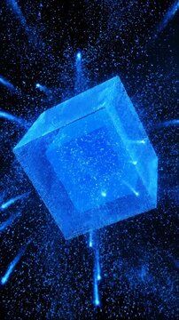 Seamless loop of a large, glowing blue cube digitally fragmenting into thousands of tiny, fast-moving particles against a dark background server room, thousands of tiny, backdrop