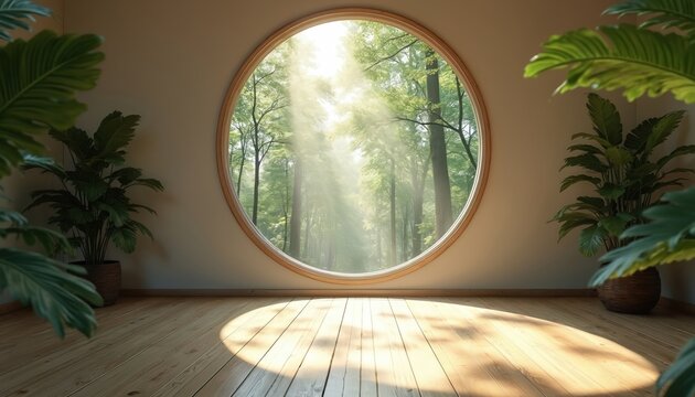Round window frames a forest view with sunlight streaming inside. Green trees are seen outdoors. Wooden floor and plants are at the room. Room interior feels cozy.
