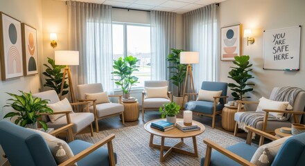 Obraz premium Inviting circle of modern comfortable seating arranged for group discussion or therapy