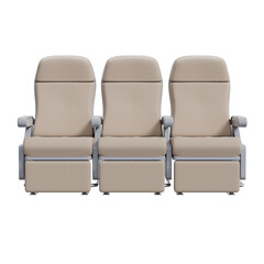 Fototapeta premium airline seat triple row, beige fabric highlighting cushions, armrests, on a transparent background.