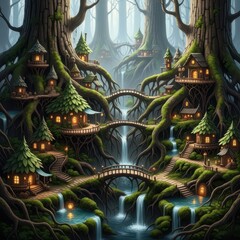Obraz premium Enchanted dwellings nestled high within ancient forest trees connected by arching bridges over cascading water
