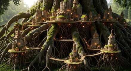 Fototapeta premium Intricate settlement of small wooden dwellings built into the massive, exposed roots of an ancient tree