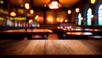 empty wooden table top with blur background of irish pub generated with ai