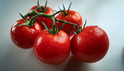 fresh and juicy red tomatoes hang on a vine they are vibrant and full of water droplets showcasing their freshness this close up captures the beauty of nature ideal for recipes and gardening ai