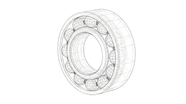 Wireframe ball bearing technical illustration, industrial mechanical engineering drawing