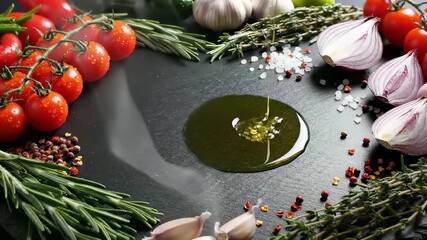Fresh vegetables and savory tomatoes create a colorful still life on a black plate, capturing the essence of healthy eating and culinary creativity, perfect for cooking show backgrounds or.