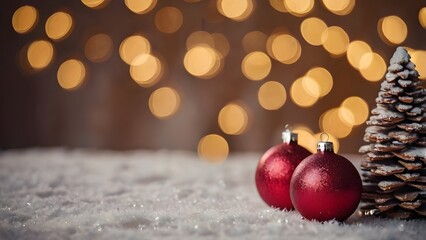 red christmas ornaments with pinecone and golden bokeh lights