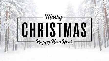 Merry christmas and happy new year greeting card design featuring elegant typography overlaid on a soft focus background of snowcovered pine forest trees during winter season