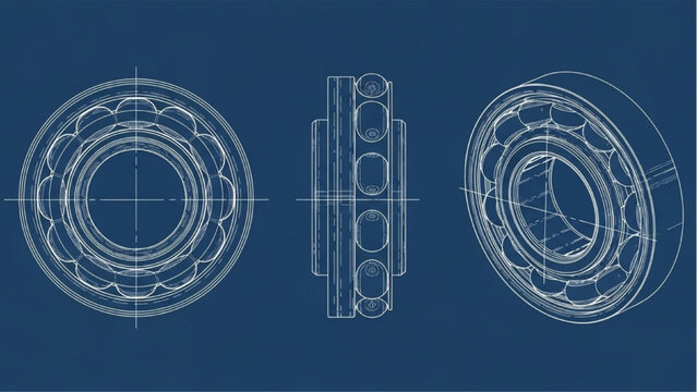 Technical Blueprint of Mechanical Bearing Component Showing Multiple Angles and Detailed Engineering Design