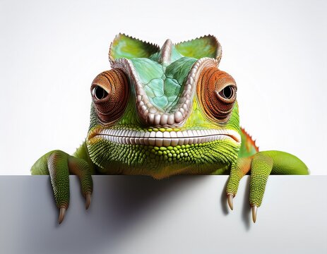 charming chameleon peeking over a blank white poster this image captures a playful vibe with a minimalist approach ideal for fun and whimsical designs ai