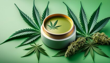 cbd topical cannabis salve with hemp oil and herbal lotion on green background