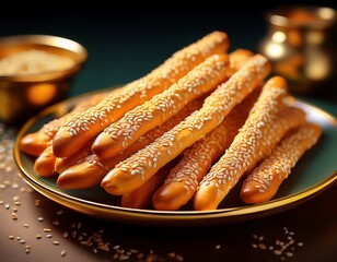 delicious golden breadsticks piled on a plate each stick is sprinkled with sesame seeds a perfect snack for any occasion ideal for parties and gatherings enjoy the crunch ai