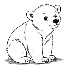 Illustration of a cute white bear cub sitting with a smiling face in black and white outline style © GFXShani1