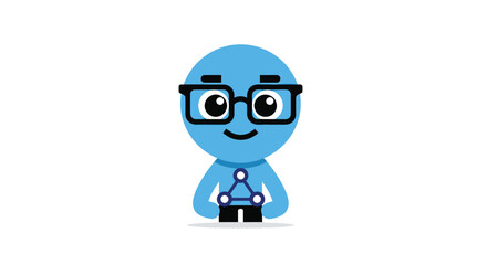 Blue cartoon character with glasses, smiling, a triangle link symbol on its shirt