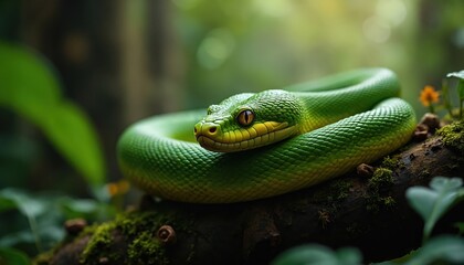 Green pit viper coiled on mossy log in lush forest. Reptile with yellow eyes rests alertly amidst dense foliage. Close up macro shot of dangerous serpent in natural habitat.