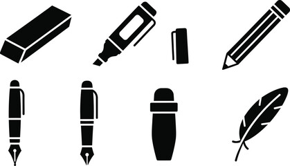 Collection of black writing and drawing tools on a white background