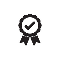 Simple icon of certification badge with checkmark in monochrome style