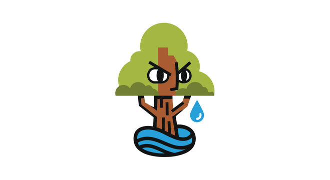 Cartoon tree with an angry face, rooted in water, shedding a teardrop - Powered by Adobe