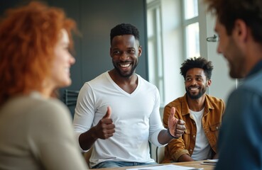 Diverse team members gather in office. Smiling African American leader shows thumbs up. People discuss new ideas at meeting table. Colleagues celebrate successful project.