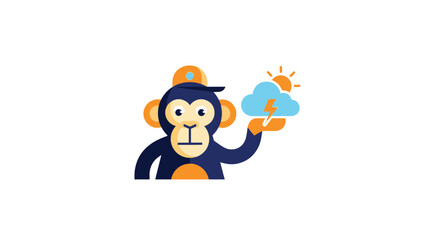 Stylized monkey with hat holds sunny storm