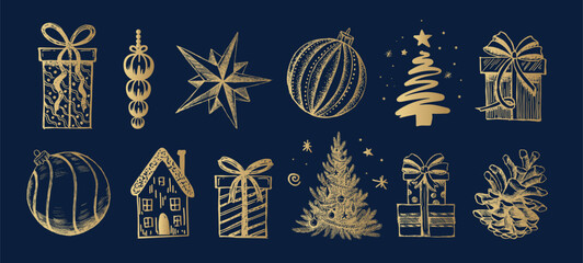 Christmas decorative elements on blue, hand drawn	
