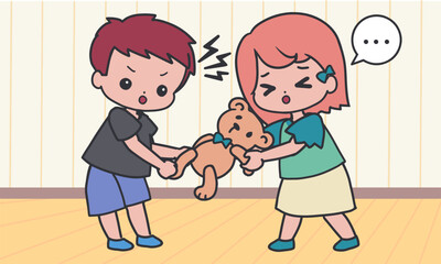 Kids Pulling Teddy Bear Conflict and Sharing. Perfect for educational materials, parenting resources, behavior charts, social emotional learning, sharing lessons, storybooks, and classroom visuals