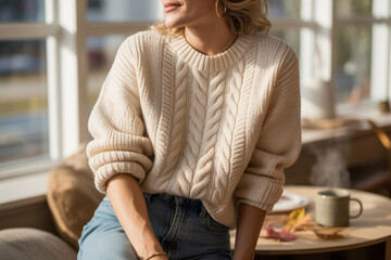 Fototapeta premium Blonde woman enjoying morning coffee in cozy sweater, relaxed vibes by the window, perfect for autumn fashion blogs and lifestyle content, warm and inviting scene