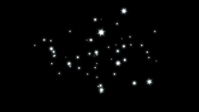 Magic sparkles glitter stars, flat vector doodle sparkle, glowing light trail, glitter stars magic tail sparkling, fairy dust wand glitter stars trail transition on a black screen background. 4K