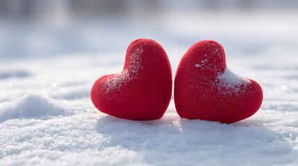 Fototapeta premium Two red hearts embrace the winter snow, a symbol of love's warmth amidst the cold. A simple, heartfelt image capturing the essence of romance.