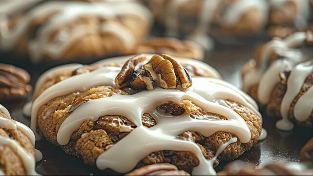 A close-up view of freshly baked cookies drizzled with white icing and topped with pecans The foreground cookie is in sharp focus with others blurred in the background on a dark surface