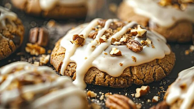 A close-up view of freshly baked cookies generously drizzled with white icing and sprinkled with chopped pecans and walnuts on a dark surface