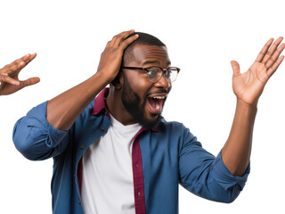 Man with hands on head looking shocked isolated on transparent background