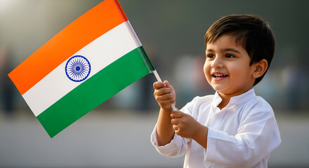 Happy Little Boy Celebrating India Republic Day with Flag
