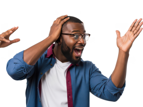 Man with hands on head looking shocked isolated on transparent background - Powered by Adobe