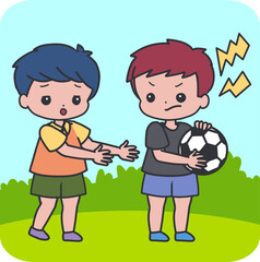 Bad Behavior Scene Boy Grabbing Ball From Friend. Ideal for social emotional learning, parenting resources, school materials, sharing lessons, behavior charts, storybooks, and character education.