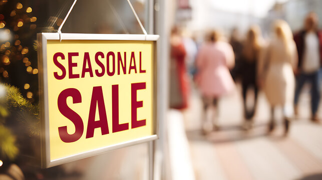 Seasonal sale sign displayed in a store window, tempting passersby with discounted merchandise during a limited-time promotional event. Shop now for great deals!