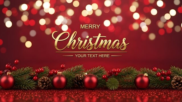 Elegant merry christmas greeting card banner with festive red bokeh light background, fir branch border, and golden text placeholder for holiday season celebration - Powered by Adobe