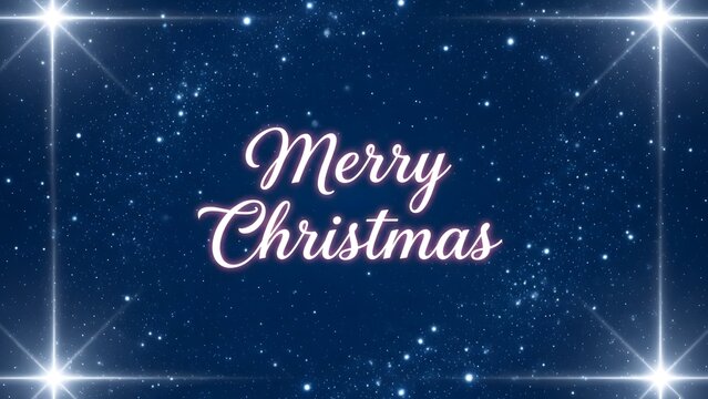 Elegant merry christmas greeting text in glowing white script on a deep blue starry night background with bright light border effect for holiday celebration design - Powered by Adobe