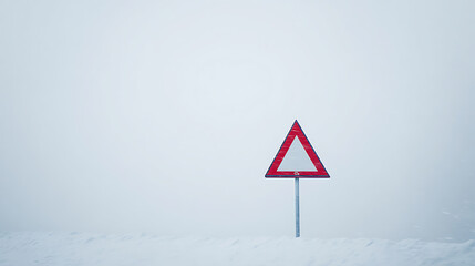 Lonely road sign in the middle of a snow-covered field on a gray day; its triangular shape is marked in red, adding a bit of color to the bleak scene.