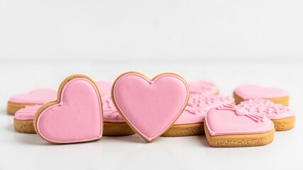 Heart-shaped cookies decorated with pink icing on white background