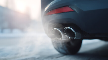 A sleek vehicle's dual exhaust emits vapor, blending with the soft winter backdrop. The chrome tips add a modern contrast to the cool palette, capturing motion & power.