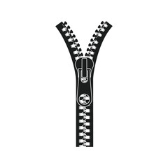Black zipper with slider partially open on a white background symbolizing connection or closure