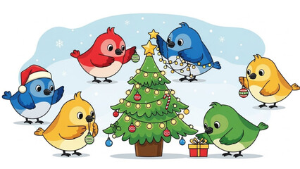 Adorable cartoon birds decorating a christmas tree with ornaments and lights in a snowy winter scene spreading holiday cheer and festive spirit
