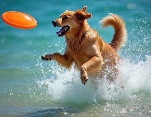 Golden retriever dog leaps to catch frisbee in sea. Wet dog plays fetch in ocean water creating splash. Happy animal jumps high, enjoying summer day at beach.