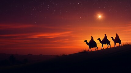 Three Wise Men Journeying on Camels Underneath a Starry Night Sky with Dramatic Sunset Colors, Faith and Hope, Religious Holiday Nativity Scene